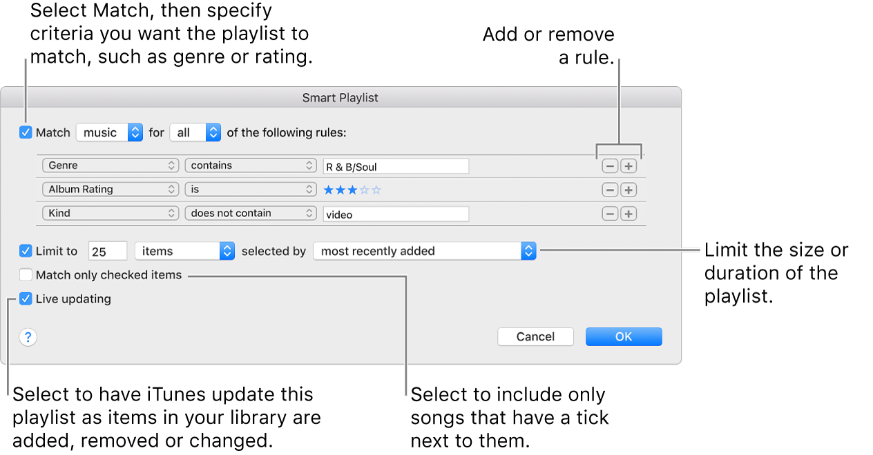 The Smart Playlist window: In the upper-left corner, select Match, then specify the playlist criteria (such as genre or rating). Continue to add or remove rules by clicking the Add or Remove buttons in the upper-right corner. Select various options in the lower portion of the window—such as limiting the size or duration of the playlist, including only songs that are ticked or having iTunes update the playlist as items in your library change.