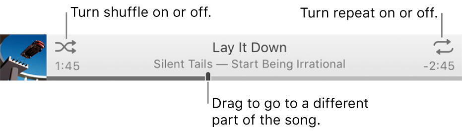 The banner with a song playing. The Shuffle button is in the upper-left corner; the Repeat button is in the upper-right corner. Drag the scrubber to go to a different part of the song.