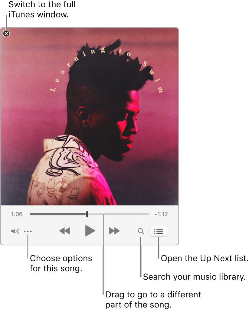 Expanded Mini Player showing the controls for the song that’s playing. In the upper-left corner is the close button, used to switch to the full iTunes window. In the bottom of the window is a slider, that you can drag to go to a different part of the song. Under the slider on the left side is the Action Menu button, where you can choose view options and other options for the song that’s playing. On the far right under the slider are two buttons — the magnifying glass to search the music library, and the Up Next list to see what’s playing next.