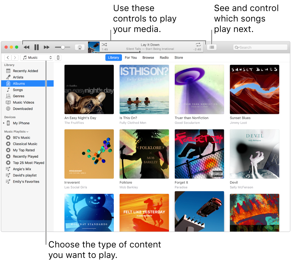 The iTunes Library main window: In the navigator, choose the type of media to play (such as Music). Use the controls in the banner at the top to play your media, and use the Up Next pop-up menu on the right to view your library in different ways.