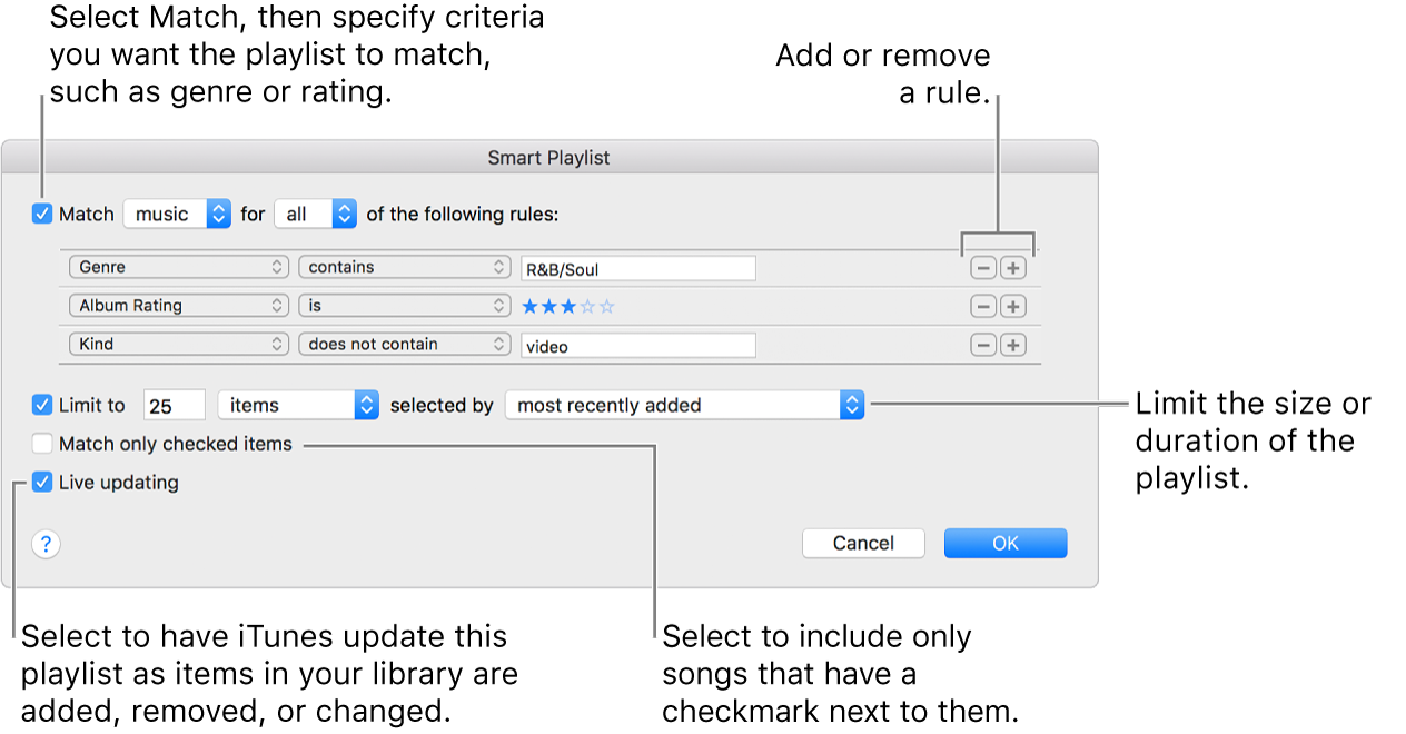 The Smart Playlist window: In the upper-left corner, select Match, then specify the playlist criteria (such as genre or rating). Continue to add or remove rules by clicking the Add or Remove buttons in the upper-right corner. Select various options in the lower portion of the window—such as limiting the size or duration of the playlist, including only songs that are checked or having iTunes update the playlist as items in your library change.