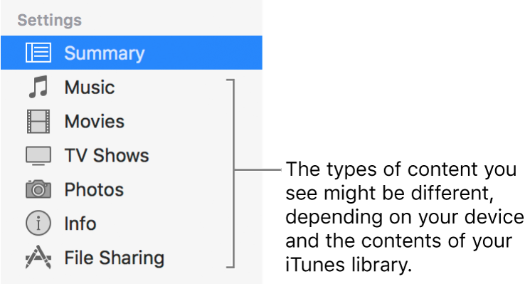 Summary is selected in the sidebar on the left. The types of content that appear might vary, depending on your device and the contents of your iTunes library.