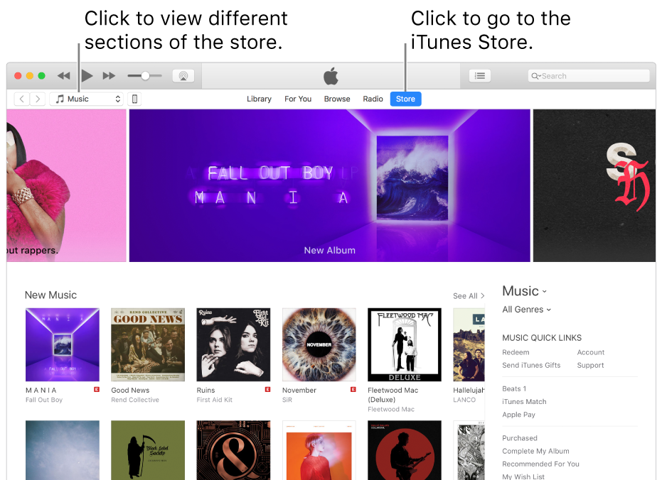 The iTunes Store main window: In the navigation bar, Store is highlighted. In the upper-left corner, choose to view different content in the Store (such as Music or TV).