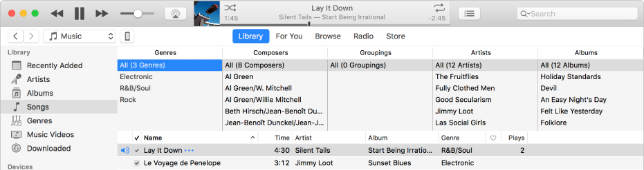 The iTunes main window: The column browser appears to the right of the sidebar and above the list of songs.