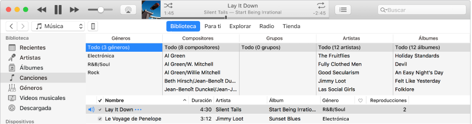 La ventana principal de iTunes: el explorador de columnas aparece a la derecha de la barra lateral y arriba de la lista de canciones.