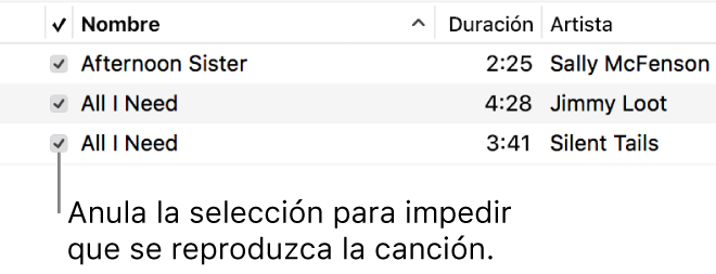 Detalle de la visualización Canciones en Música, con las casillas de selección en la izquierda. Anula la selección junto a una canción para evitar que se reproduzca.