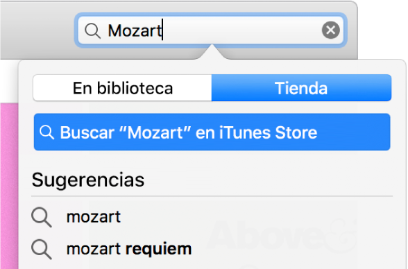 El campo de búsqueda con la palabra "Mozart". En el menú desplegable de ubicación, la opción Tienda está seleccionada.