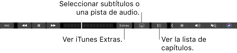 Los controles de Touch Bar cuando se reproducen películas, incluyendo los botones iTunes Extras, subtítulos y la lista de capítulos.
