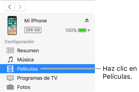 La ventana Dispositivo con la opción Películas seleccionada en la barra lateral de la izquierda.