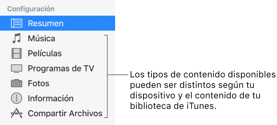 La opción Resumen está seleccionada en la barra lateral de la izquierda. Los tipos de contenido que aparecen pueden variar dependiendo de tu dispositivo y del contenido de tu biblioteca de iTunes.