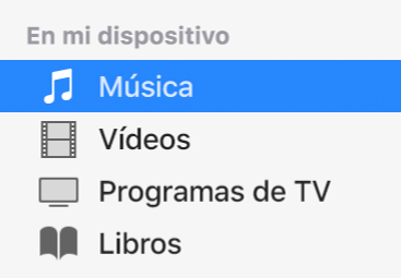 La sección “En mi dispositivo” de la barra lateral con la opción Música seleccionada.