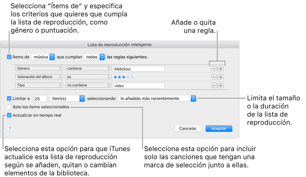 La ventana de “Lista de reproducción inteligente”: en la esquina superior derecha, selecciona “Ítems de” y especifica los criterios de la lista (como el género o la valoración). Sigue añadiendo o eliminando reglas haciendo clic en los botones Añadir o Eliminar de la esquina superior derecha. Selecciona varias opciones en la parte inferior de la ventana, como el límite del tamaño o la duración de la lista de reproducción, incluir solo las canciones seleccionadas o que iTunes actualice la lista de reproducción si cambian los ítems de la biblioteca.
