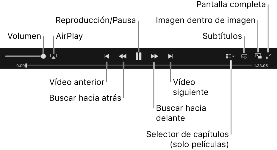 Controles de vídeo: volumen, AirPlay, vídeo anterior, búsqueda hacia atrás, reproducción/pausa, búsqueda hacia delante, vídeo siguiente, selector de capítulos (solo para películas), subtítulos, imagen dentro de imagen y pantalla completa.