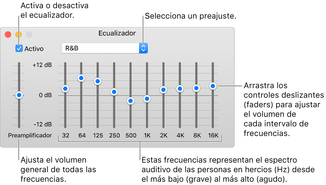 La ventana Ecualizador: la casilla para activar el ecualizador de iTunes está en la esquina superior izquierda. A su lado está el menú desplegable con los preajustes del ecualizador. En el extremo derecho, ajusta el volumen global de frecuencias con el preamplificador. Debajo de los preajustes del ecualizador, ajusta el nivel del sonido de diferentes intervalos de frecuencia que representan el espectro del oído humano, desde el más bajo hasta el más alto.