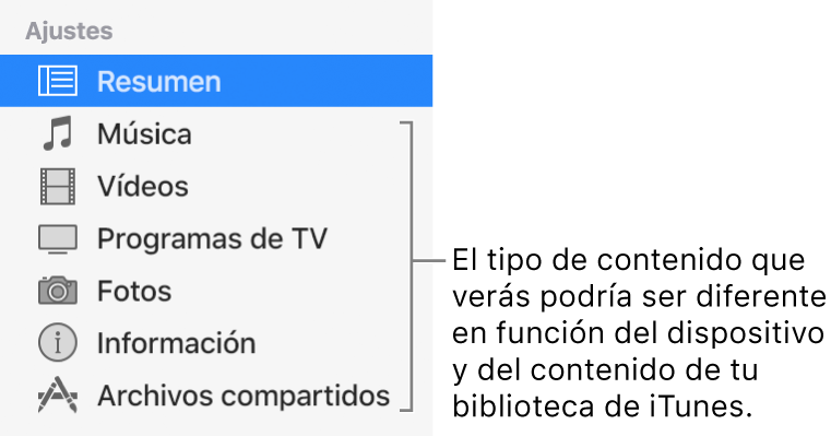 Resumen seleccionado en la barra lateral de la izquierda. Es posible que los tipos de contenido que aparecen varíen en función del dispositivo y del contenido de la biblioteca de iTunes.