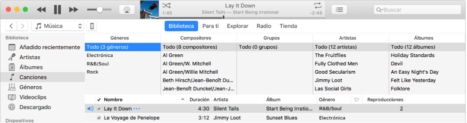 La ventana principal de iTunes: el navegador de columnas aparece a la derecha de la barra lateral y encima de la lista de canciones.