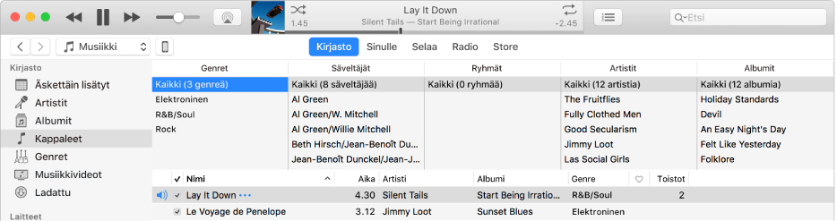 iTunesin pääikkuna: Sarakeselain sijaitsee sivupalkin oikealla puolella ja kappalelistan yläpuolella.