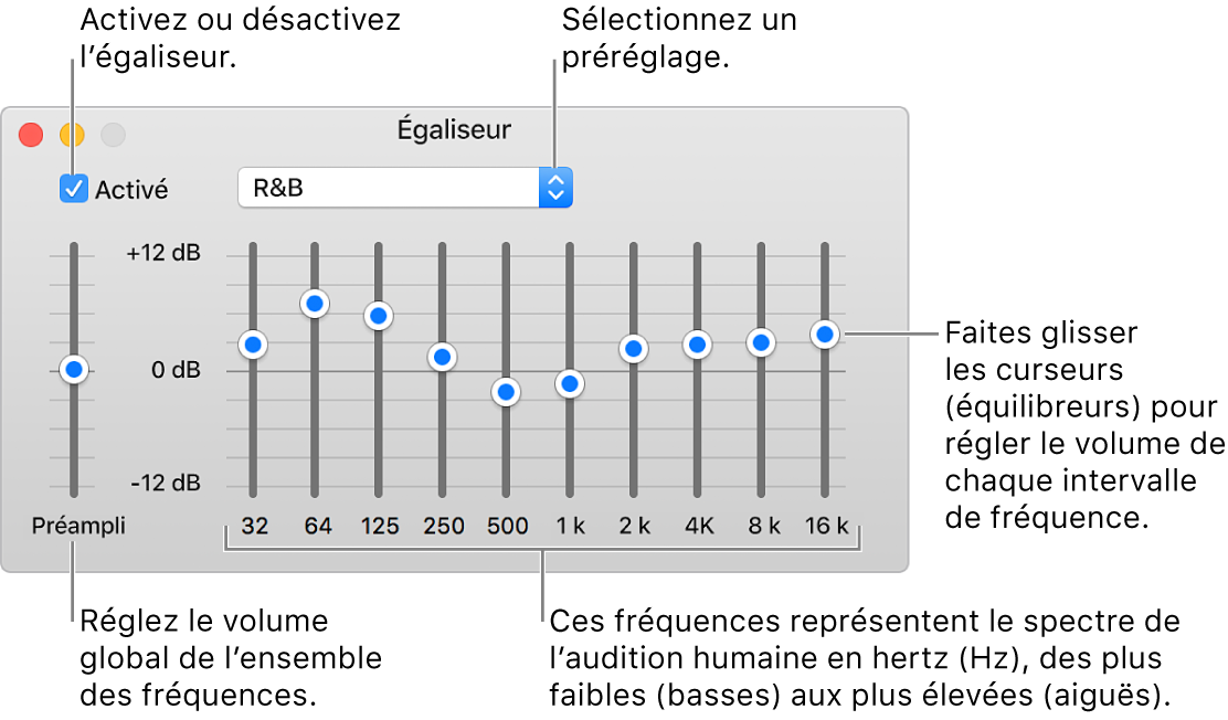 La fenêtre Égaliseur : La case pour activer l’égaliseur iTunes se trouve dans le coin supérieur gauche. Le menu contextuel avec les préréglages de l’égaliseur est situé à côté. À l’extrémité gauche, réglez le volume global des fréquences avec le préampli. Sous les préréglages de l’égaliseur, réglez le niveau sonore des différentes plages de fréquences qui représentent le spectre auditif humain, des plus basses aux plus élevées.