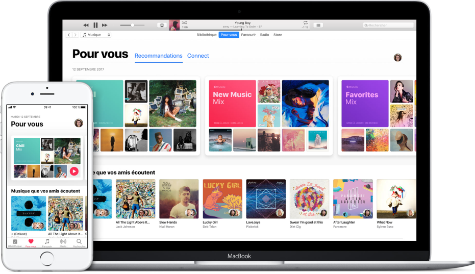 Un iPhone et un MacBook avec Apple Music pour vous.