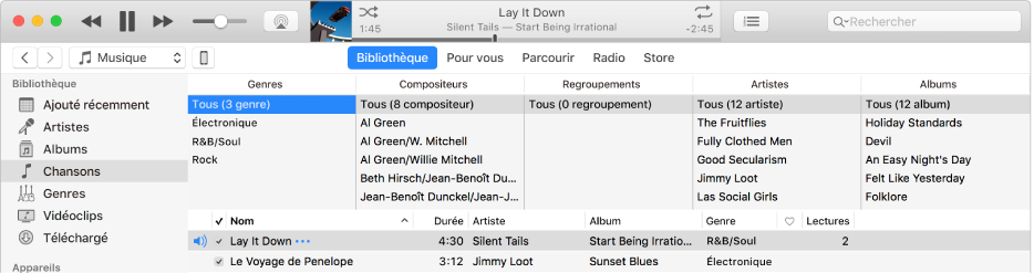La fenêtre principale d’iTunes : Le navigateur par colonne apparaît à droite de la barre latérale et au-dessus de la liste des chansons.
