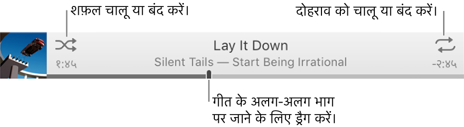 बजते हुए गाने के साथ बैनर। शफ़ल बटन ऊपरी-बाएँ कोने में होता है; रिपीट बटन ऊपरी-दाएँ कोने में होता है। गाने के विभिन्न भाग में जाने के लिए स्क्रबर को ड्रैग करें।