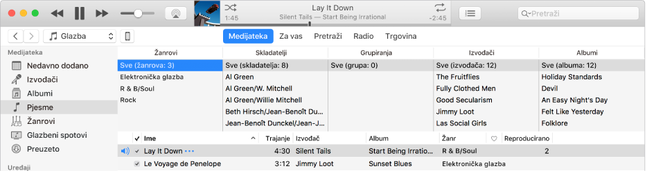 Glavni prozor aplikacije iTunes: Preglednik stupaca pojavljuje se s desne strane rubnog stupca i iznad popisa pjesama.