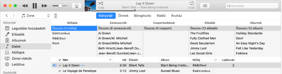 Az iTunes fő ablaka: Az oszlopböngésző az oldalsáv jobb oldalán és a dalok listája felett jelenik meg.