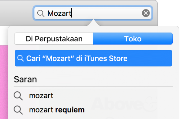 Bidang pencarian dengan entri yang diketik “Mozart.” Di menu pop-up lokasi, Toko dipilih.