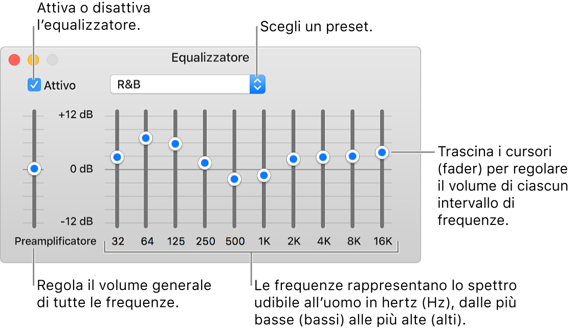 Finestra Equalizzatore: il riquadro per attivare l'equalizzatore di iTunes si trova nell'angolo superiore sinistro. Accanto c'è il menu a comparsa con i preset dell'equalizzatore. All'estrema sinistra, regola il volume globale delle frequenze con il preamplificatore. Sotto i preset dell'equalizzatore, regola i livelli sonori di diversi intervalli di frequenze che rappresentano lo spettro dell'udito umano, da quelli più bassi a quelle più alti.