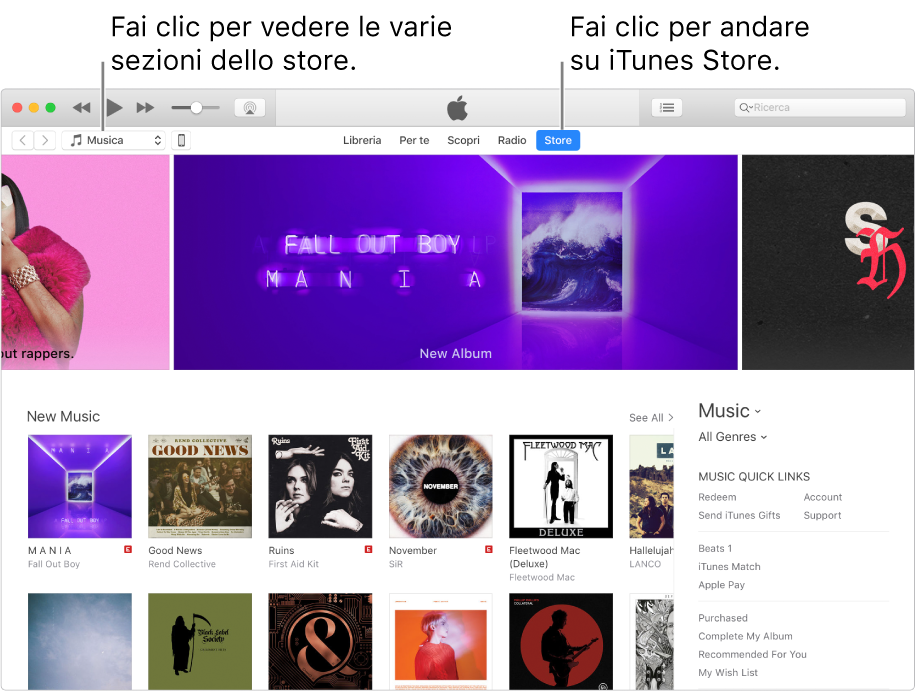 Finestra principale di iTunes Store: nella barra di navigazione, Store è evidenziato. Nell'angolo superiore sinistro, puoi scegliere di visualizzare contenuti diversi, ad esempio, musica o programmi TV.