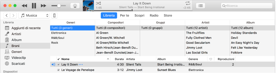 Finestra principale di iTunes: il browser a colonne è disponibile a destra della barra laterale e sopra l'elenco di brani.