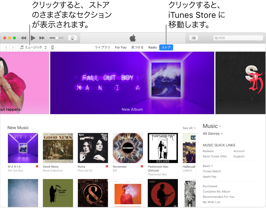 iTunes Storeのメインウインドウ: ナビゲーションバーで「ストア」が強調表示されています。左上隅で、「音楽」や「テレビ番組」などのさまざまなコンテンツを選択して表示できます。