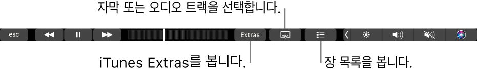 iTunes Extras, 자막 및 장 목록에 대한 버튼이 있는 동영상용 Touch Bar 제어기.