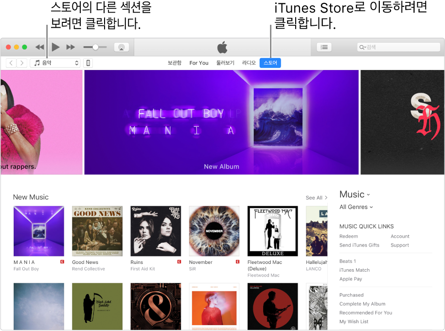 iTunes Store 주 윈도우: 탐색 막대에 스토어가 하이라이트되어 있습니다. 왼쪽 상단 모서리에 있는 스토어에서 다른 콘텐츠를 보기 위해 선택합니다(예: 음악 또는 TV).