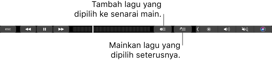 Kawalan Touch Bar untuk muzik, dengan butang untuk menambah lagu dipilih ke senarai main dan senarai Seterusnya.