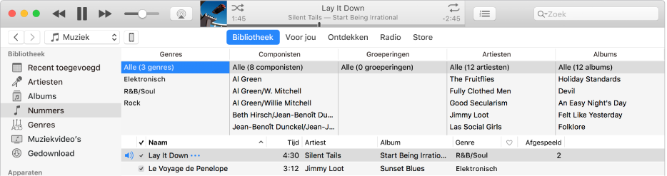 Het hoofdvenster van iTunes: De kolombrowser verschijnt aan de rechterkant van de navigatiekolom, boven de lijst met nummers.