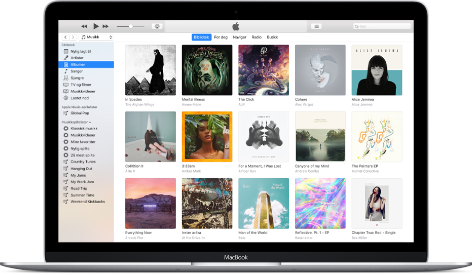 iTunes-vinduet med et bibliotek med flere albumer.