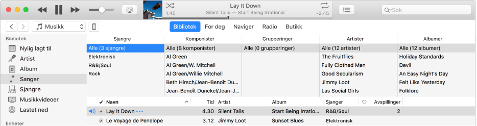 Hovedvinduet i iTunes: Kolonnenavigeringen vises til høyre for sidepanelet og over sanglisten.