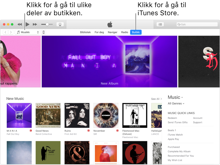 Hovedvinduet i iTunes Store: I navigeringslinjen er Butikk uthevet. Øverst til venstre velger du forskjellige typer innhold du vil se i butikken (for eksempel Musikk eller TV-programmer).