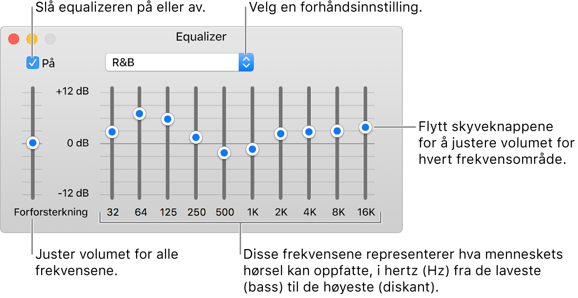Equalizer-vinduet: Avkrysningsruten for å slå på iTunes-equalizeren er øverst til venstre. Ved siden av den er lokalmenyen med equalizerforhåndsinnstillinger. Helt til venstre kan du justere det generelle volumnivået for frekvenser med forforsterkeren. Under equalizerforhåndsinnstillingene kan du justere lydnivået for forskjellige frekvensområder som representerer det menneskelige hørselsspektrumet fra lavest til høyest.