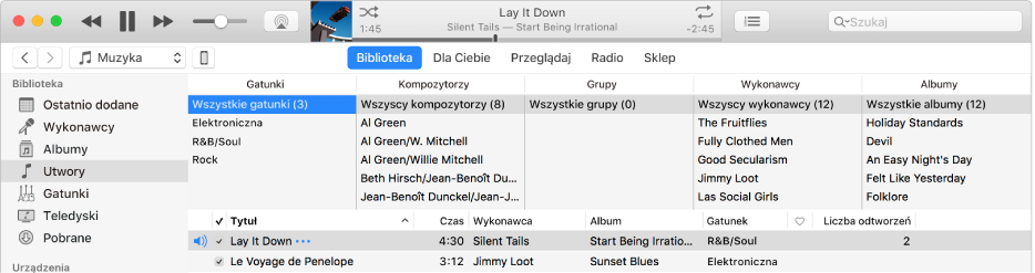 Okno główne iTunes: Przeglądarka kolumnowa znajduje się na prawo od paska bocznego oraz nad playlistą.