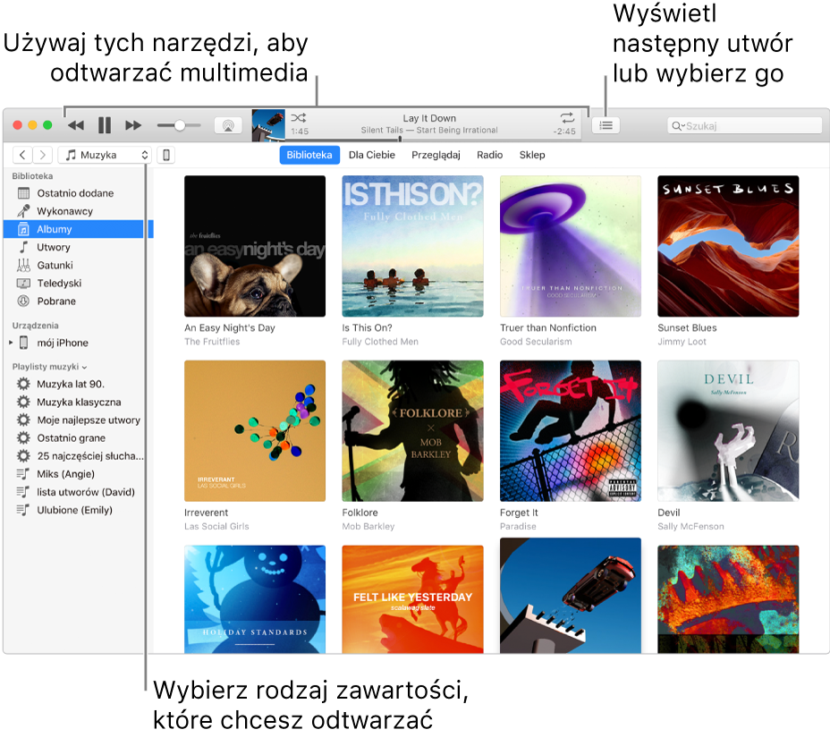 Okno główne biblioteki iTunes: W nawigatorze wybierz typ multimediów, które chcesz odtwarzać (na przykład Muzyka). Używaj tych narzędzi na górnym banerze do odtwarzania swoich multimediów i używaj menu Następny po prawej stronie do wyświetlania biblioteki na różne sposoby.