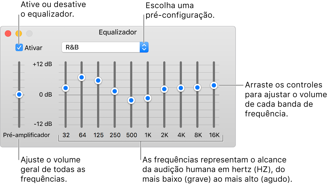 A janela do Equalizador: A caixa de seleção para ativar o equalizador do iTunes está no canto superior esquerdo. Ao seu lado, o menu local com os pré-ajustes do equalizador. Na extremidade esquerda, ajuste o volume geral das frequências com o pré-amplificador. Abaixo dos pré-ajustes do equalizador, ajuste o nível sonoro dos intervalos de frequência que representam o espectro da audição humana, do mais grave ao mais agudo.