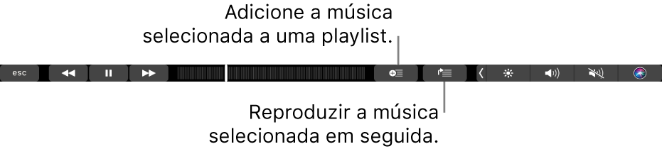 Os controles da Touch Bar para música, com botões para incluir a música selecionada a uma playlist e a lista Seguintes.