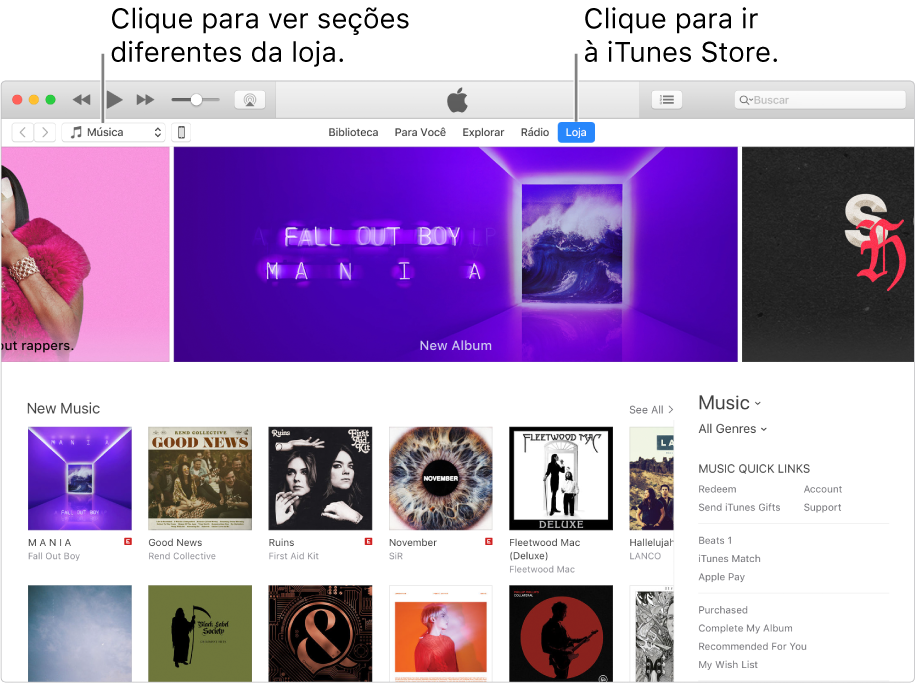 A janela principal da iTunes Store: Na barra de navegação, Loja está em destaque. No canto superior esquerdo, escolha por visualizar conteúdos diferentes da Loja (como Música ou TV).