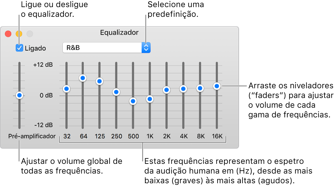 A janela Equalizador: no canto superior esquerdo está a opção para ativar o equalizador do iTunes. Ao lado, encontra-se o menu com as predefinições do equalizador. Na extrema esquerda, pode ser ajustado o volume geral das frequências com o pré-amplificador. Por baixo das predefinições do equalizador, pode ser ajustado o nível de volume das diferentes gamas de frequências que representam o espetro da audição humana, da mínima à máxima.