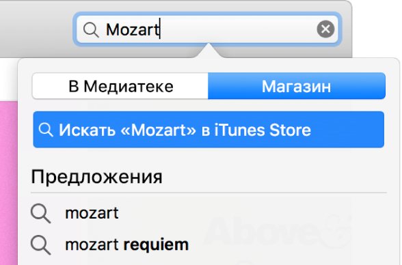 Поле поиска с введенным в нем запросом — Моцарт. Во всплывающем меню выбрана вкладка «Магазин».