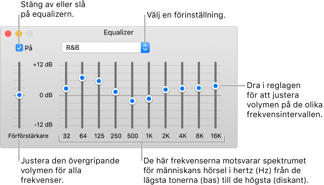 Equalizer-fönstret: I övre vänstra hörnet finns kryssrutan för att slå på iTunes-equalizern. Bredvid den finns popupmenyn med förinställningarna för equalizern. Längst till vänster kan den allmänna volymen för alla frekvenser justeras med förförstärkaren. Under förinställningarna för equalizern går det att justera volymen för olika frekvensintervall som representerar spektrumet för människans hörsel från lägsta till högsta.