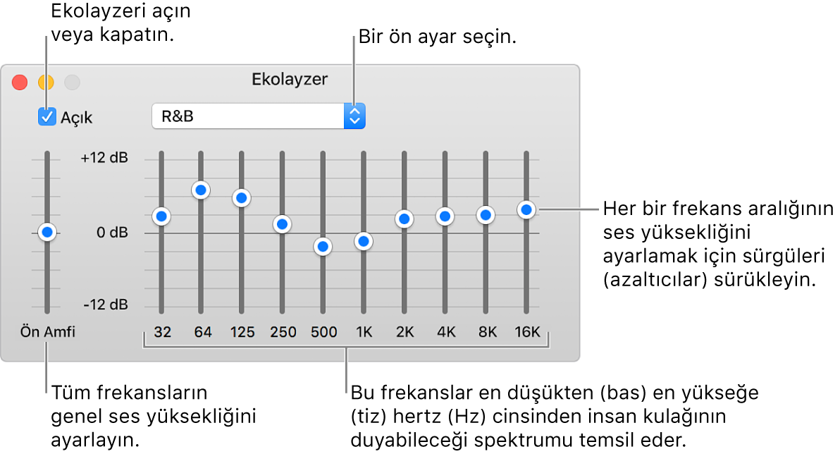 Ekolayzer penceresi: iTunes ekolayzerini etkinleştirmeyi sağlayan onay işareti sol üst köşede bulunur. Bunun yanında ekolayzer ön ayarlarını içeren açılır menü yer alır. En sol tarafta, ön amfili frekansların genel ses yüksekliğini ayarlayın. Ekolayzer ön ayarlarının alt tarafında, en düşükten en yükseğe insan kulağının duyabileceği spektrumu temsil eden farklı frekans aralıklarının ses düzeyini ayarlayın.