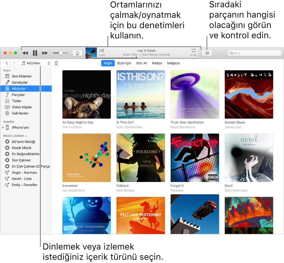 iTunes Arşivi ana penceresi: Gezginde çalınacak/oynatılacak ortam türünü (Müzik gibi) seçin. Ortamınızı çalmak/oynatmak için başlıktaki denetimleri, arşivinizi farklı yollardan görüntülemek için sağdaki Sıradaki açılan menüsünü kullanın.